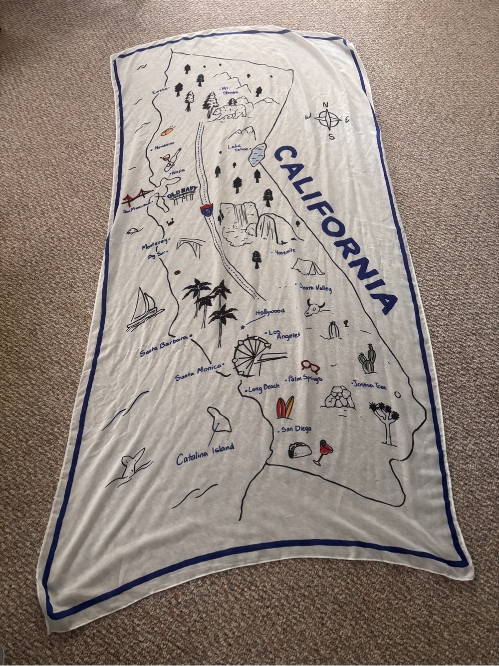 California Map Beach Towel - White and Blue
